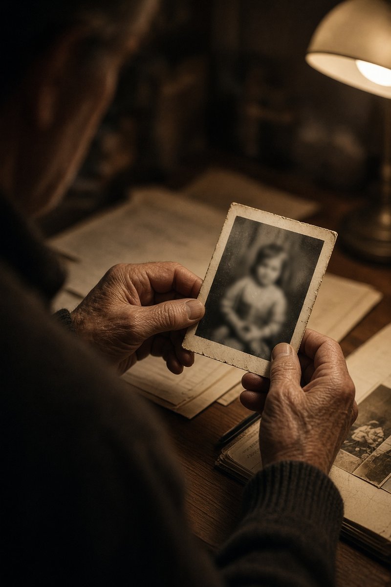 Weathered hands holding an old family photograph at a lamp-lit desk