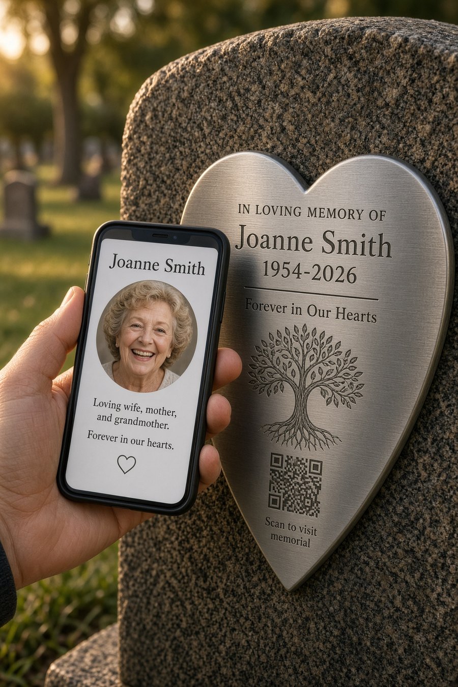 A hand holding a smartphone beside a heart-shaped stainless steel QR memorial plaque mounted on a granite headstone