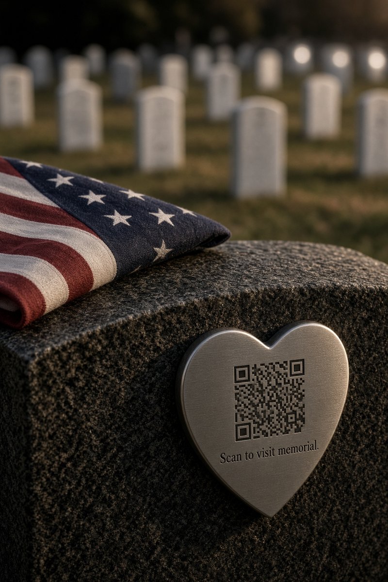 A folded American flag beside a heart-shaped QR memorial plaque on a granite headstone