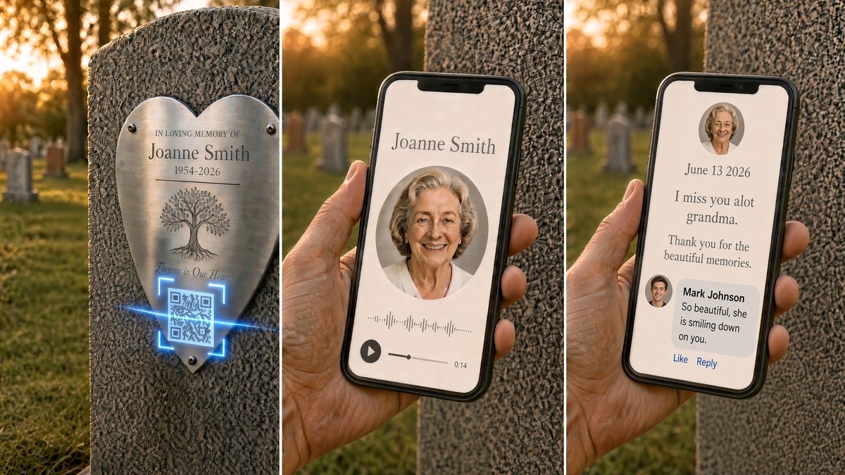 Three panels showing a QR memorial plaque, a phone displaying a memorial page, and a visitor leaving a tribute message